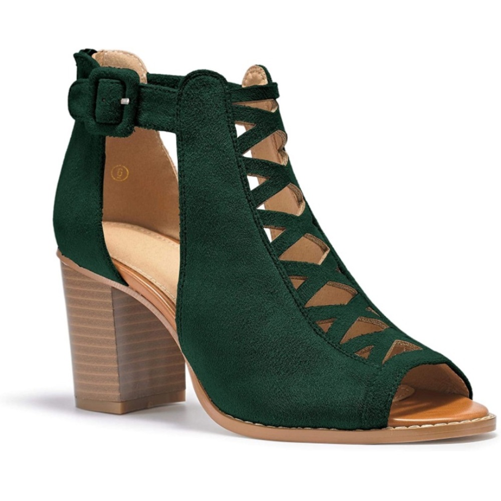 Ankle Strap Chunky Heels Vegan Suede Dark Green - Picture 2 of 7
